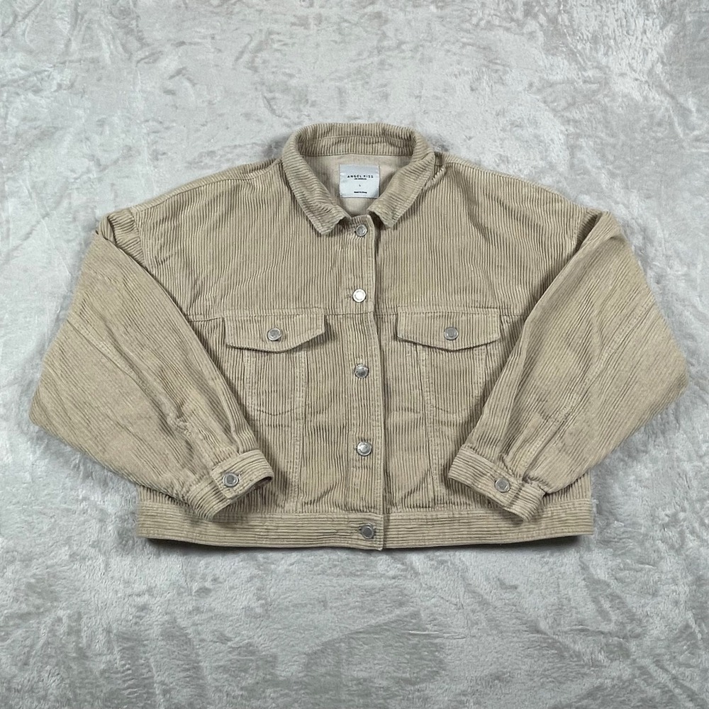 ANGEL KISS Women Corduroy Trucker Jacket Beige Button Front Long Sleeve Size L